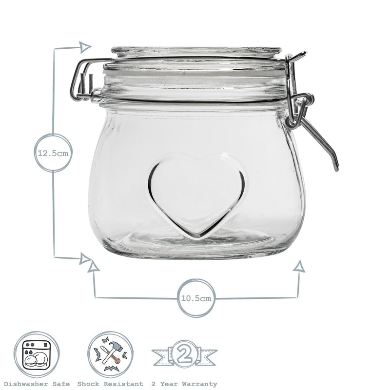 500ml Glass Storage Jar with Embossed Heart Detail & Label - Pack of Six - By Nicola Spring