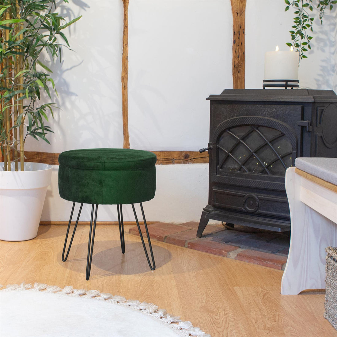 Green Round Velvet Storage Footstool with Black Legs