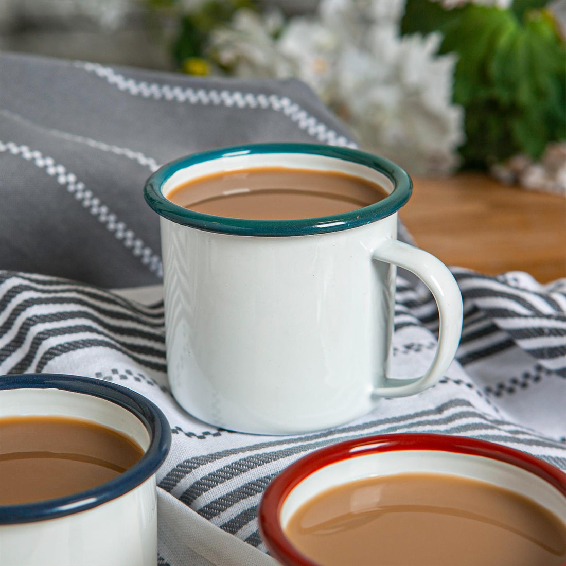 375ml White &amp; Green Enamel Mugs - Pack of 6