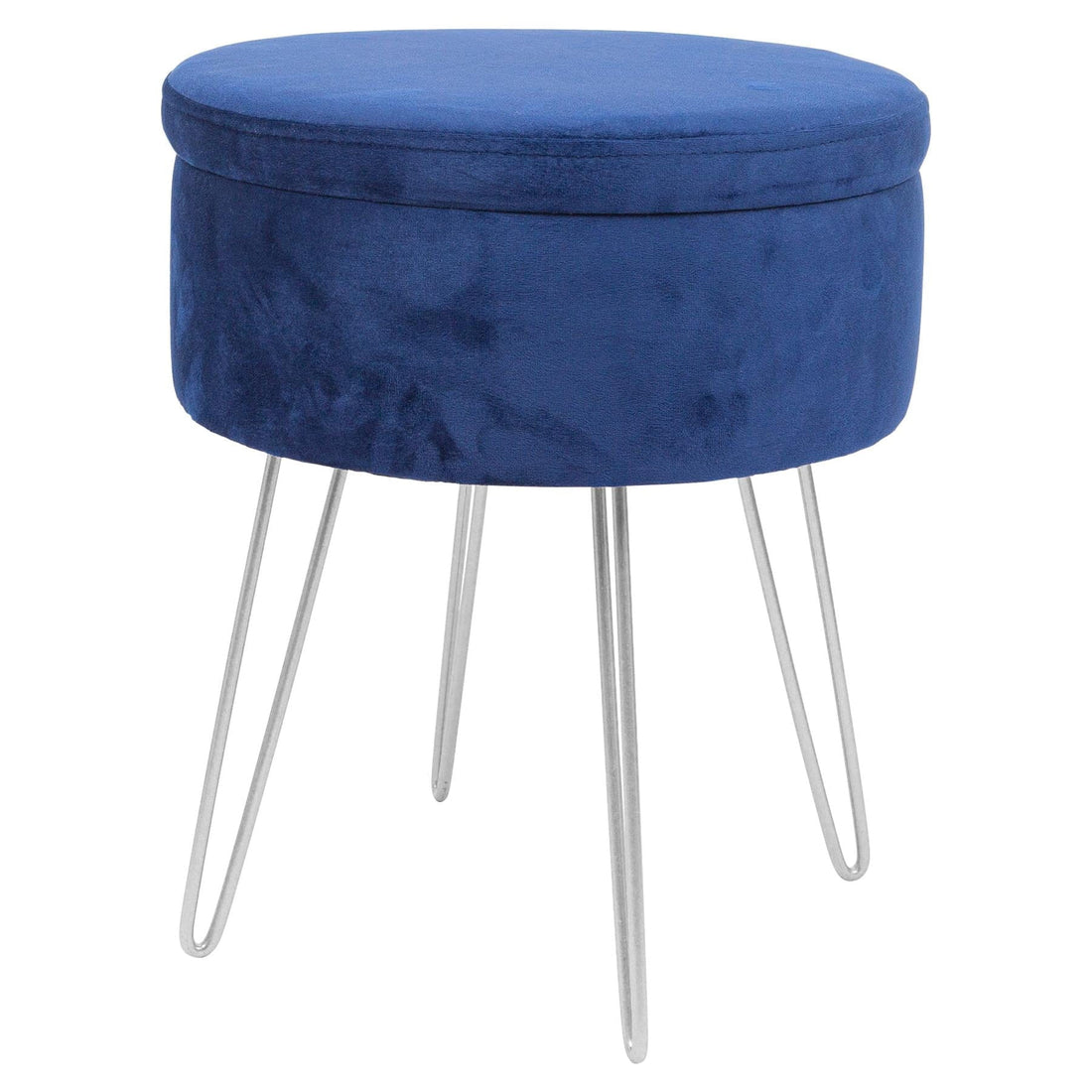 Blue Round Velvet Storage Footstool with Silver Legs