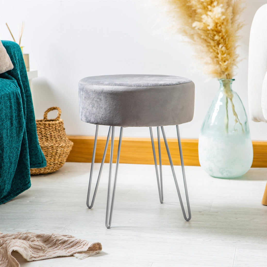 Grey Round Velvet Footstool with Silver Legs