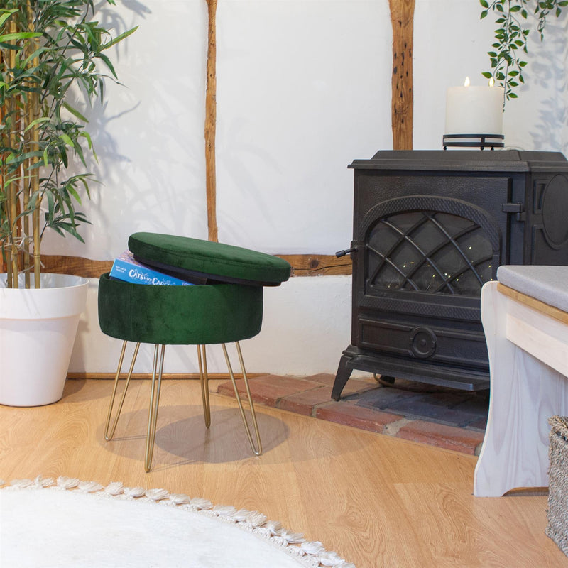 Green Round Velvet Storage Footstool - By Harbour Housewares