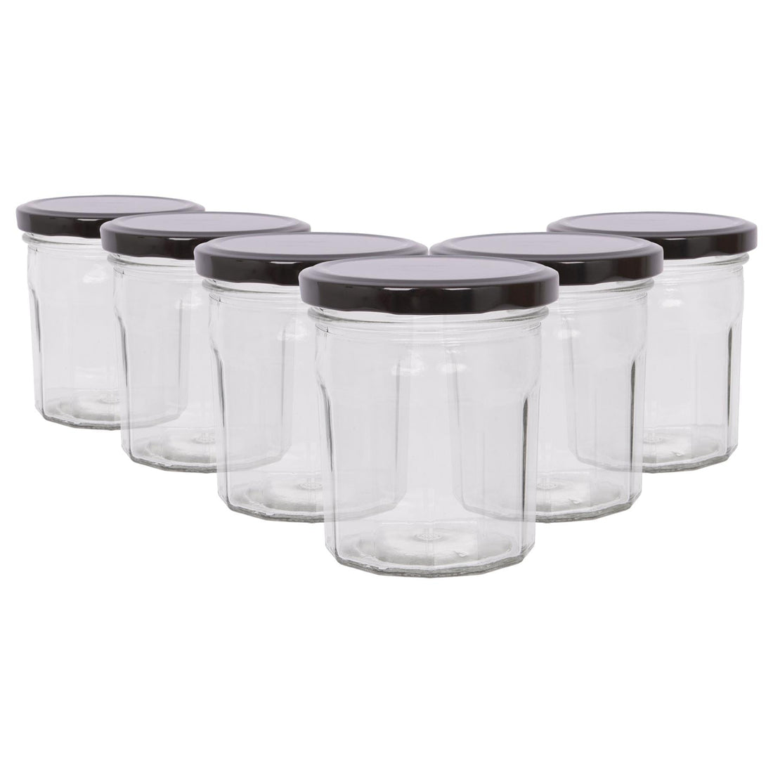 250ml Octagonal Glass Jam Jars with Black Lids - Pack of 6