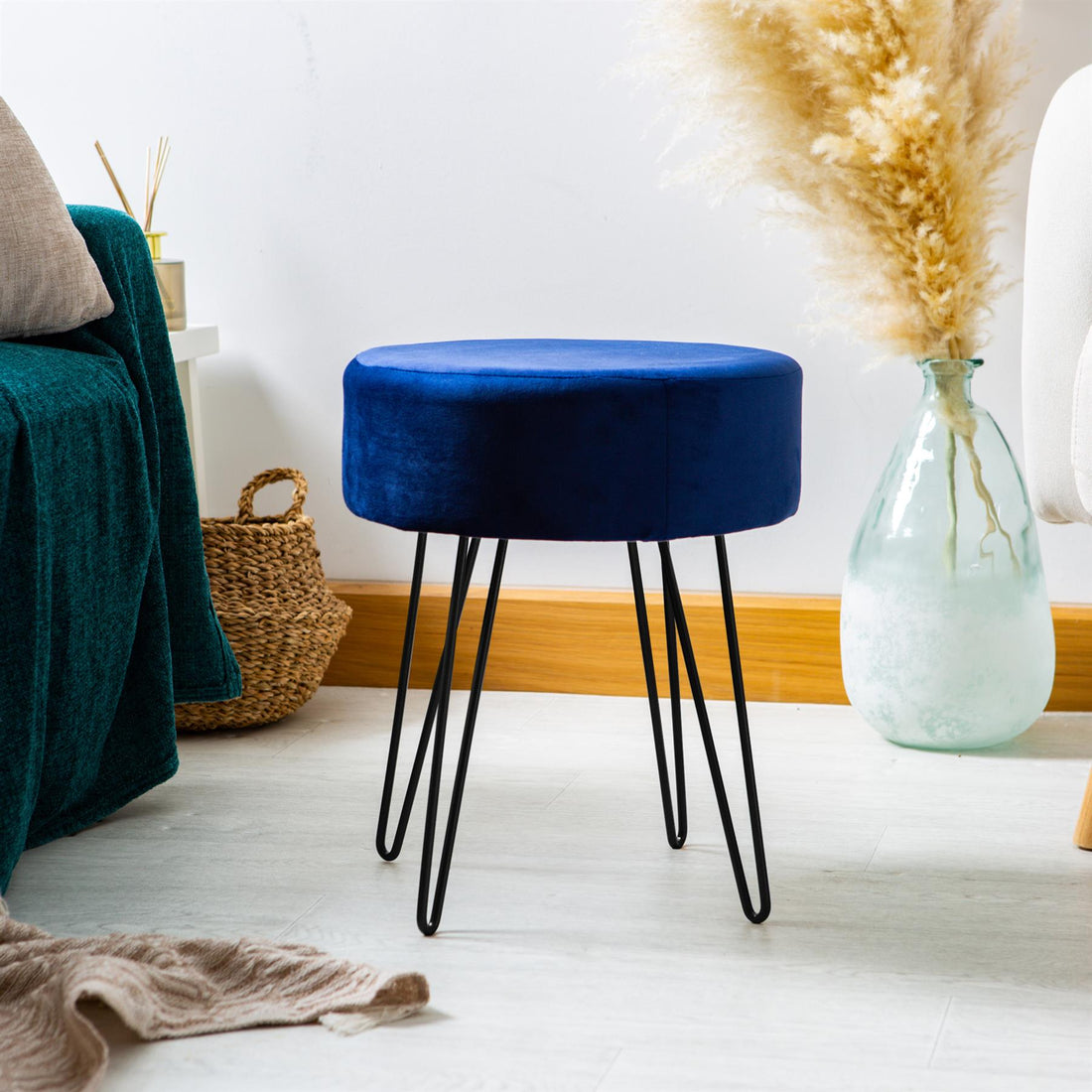 Blue Round Velvet Footstool with Black Legs