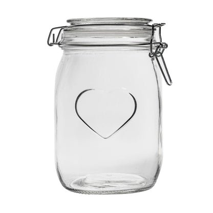 1L Air tight Glass Storage Jar with Embossed Heart Detail &amp; Label - Pack of Six