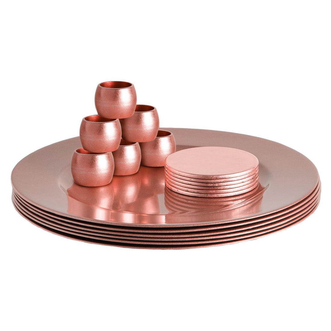 Rose Gold 18-Piece Metallic Melamine Charger Plate, Coaster &amp; Napkin Ring Set