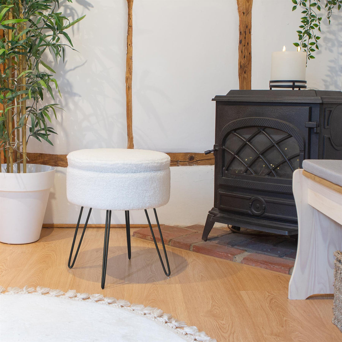 Cream Round Boucle Storage Footstool with Black Legs