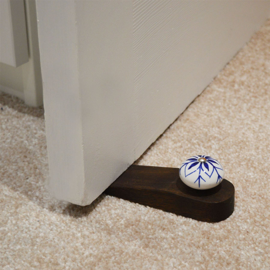 Blue Flower Traditional Wooden Wedge Door Stop