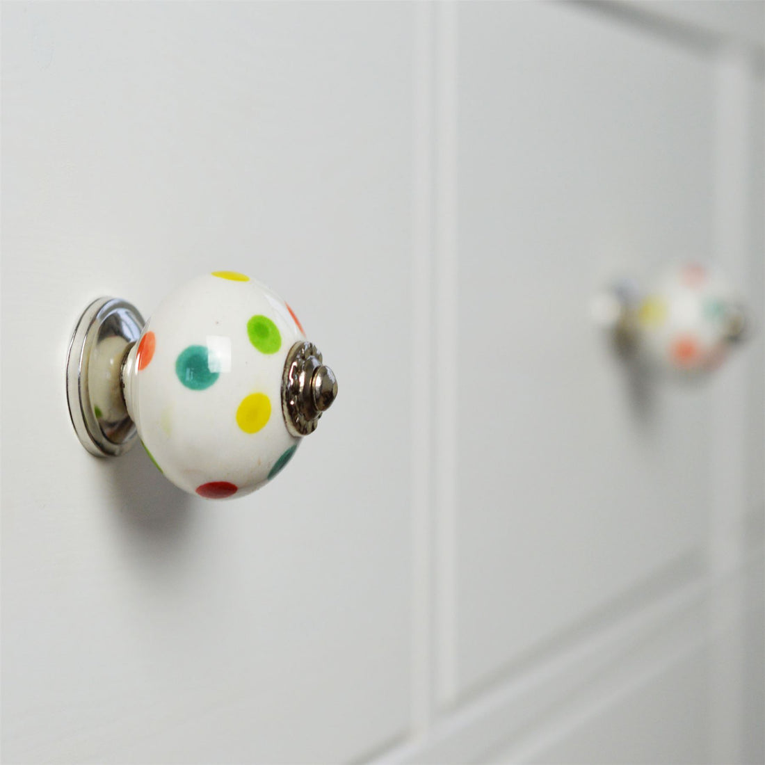 Multi Dots on White 45mm Round Spot Ceramic Cabinet Knob
