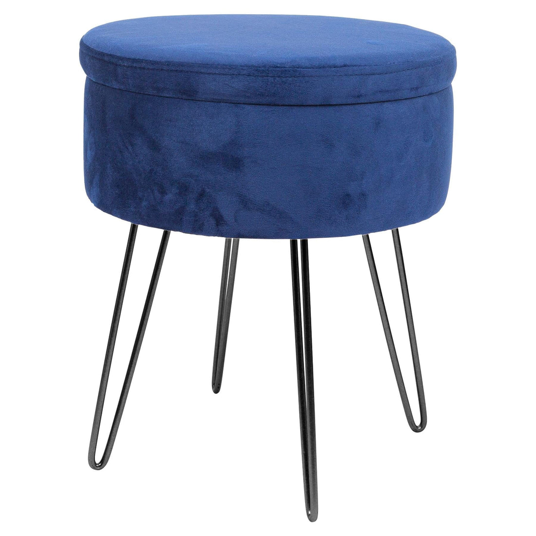Blue Round Velvet Storage Footstool with Black Legs