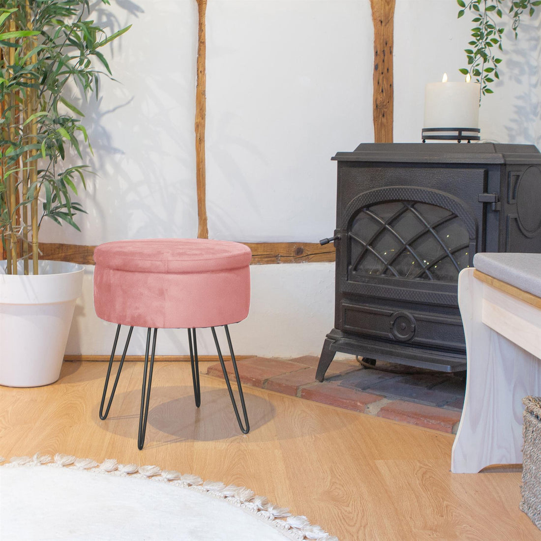 Pink Round Velvet Storage Footstool with Black Legs