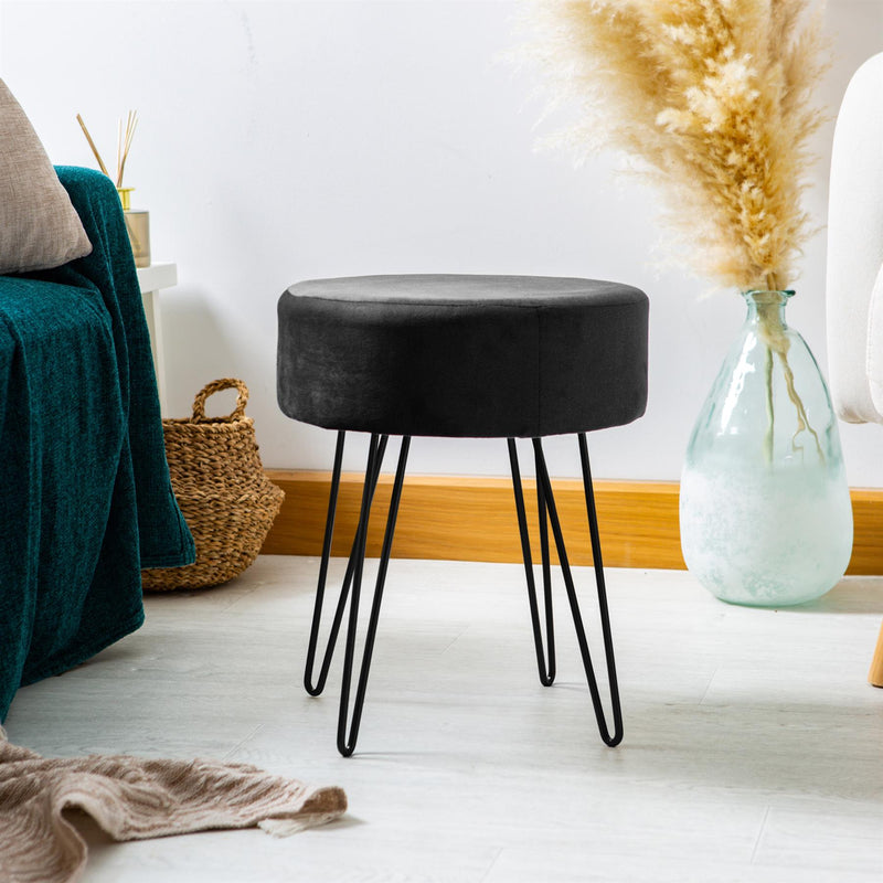 Black Round Velvet Footstool - By Harbour Housewares