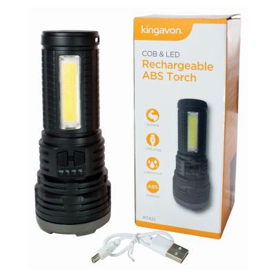 Black 2W + 1W COB Rechargeable Plastic Torch with Work Light - By Kingavon