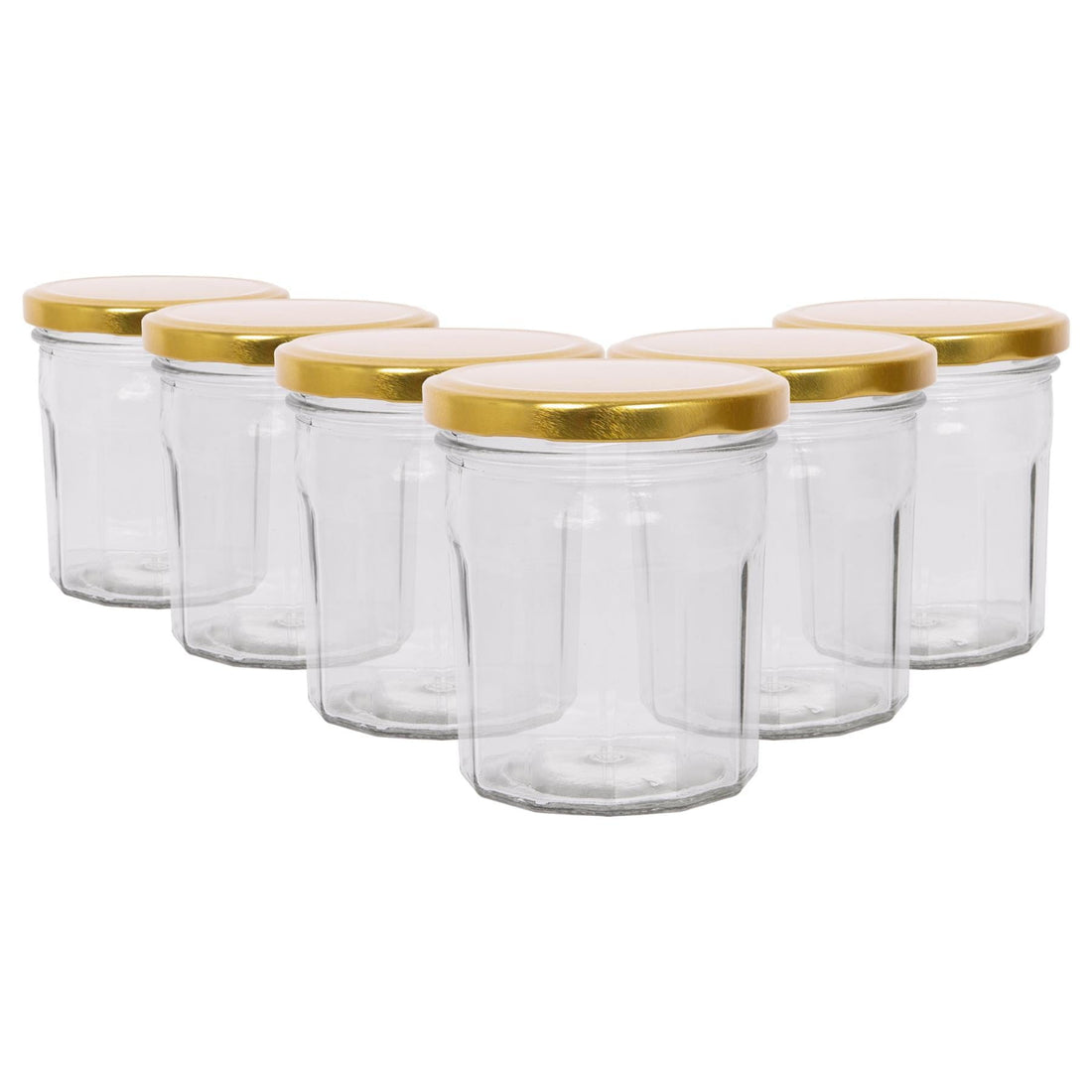 250ml Octagonal Glass Jam Jars with Gold Lids - Pack of 6