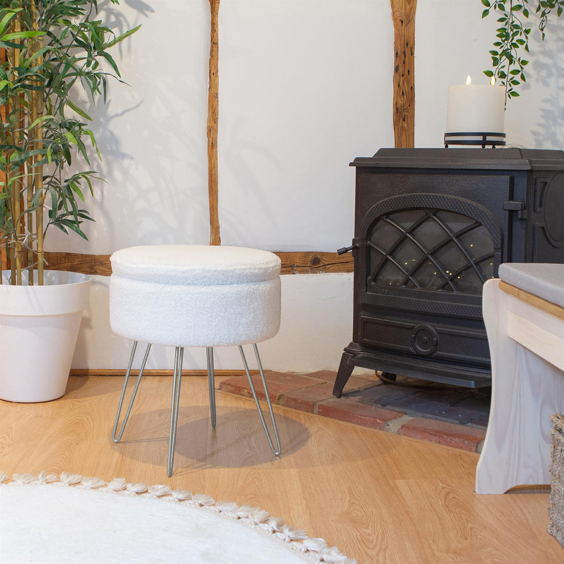 Cream Round Boucle Storage Footstool with Silver Legs