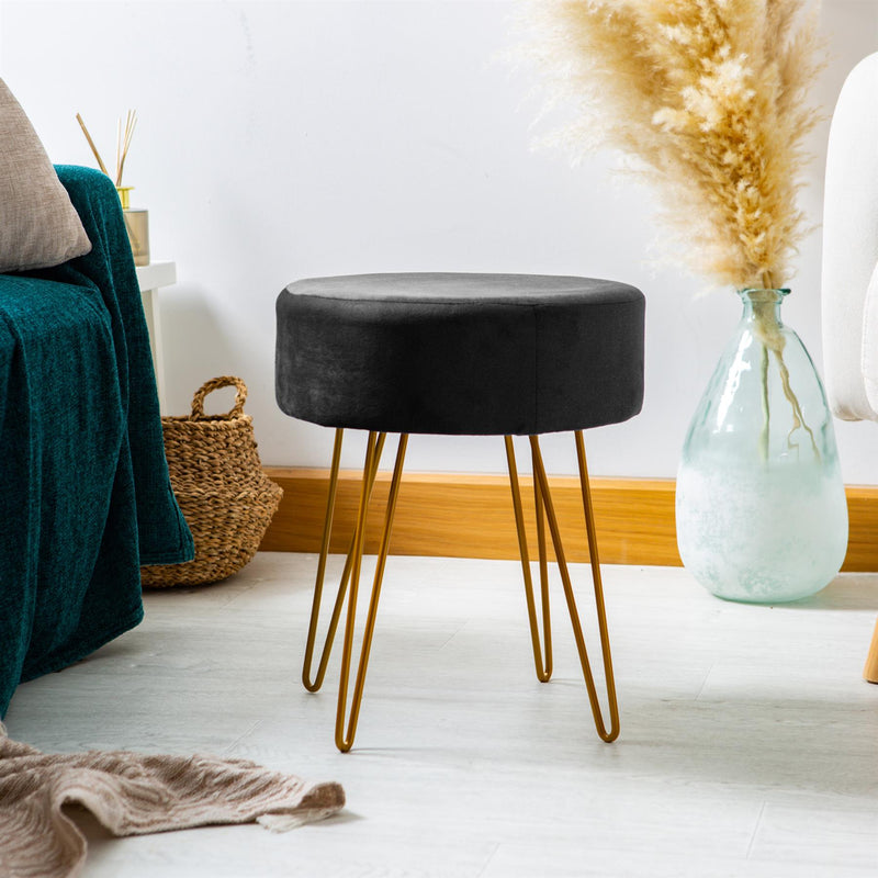 Black Round Velvet Footstool - By Harbour Housewares