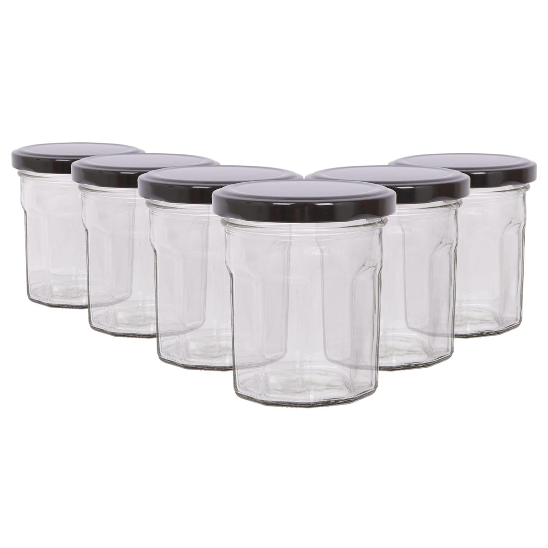 150ml Octagonal Glass Jam Jars with Black Lids - Pack of 6