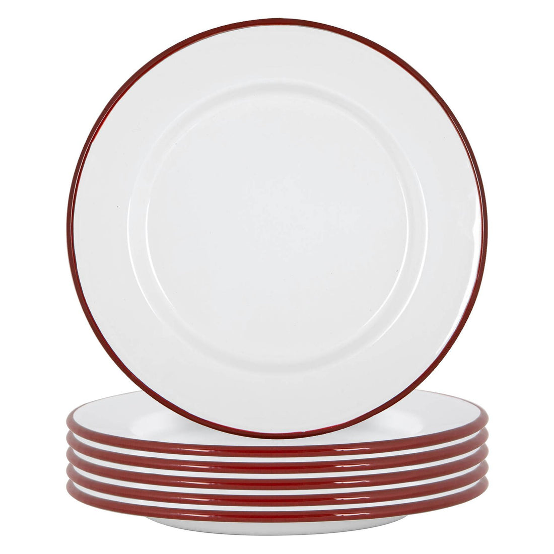 25.5cm White &amp; Red Enamel Dinner Plates - Pack of 6