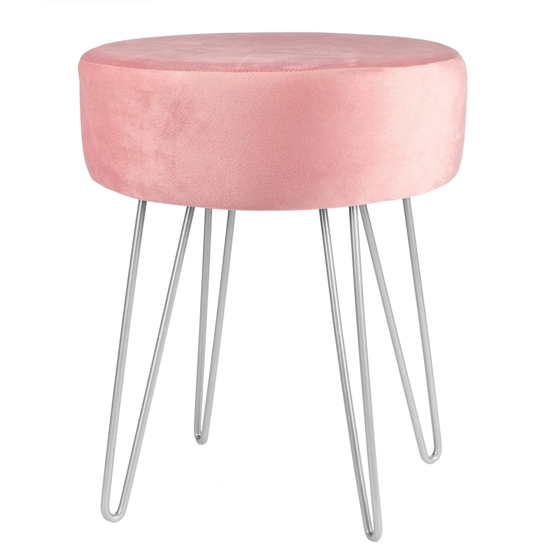 Pink Round Velvet Footstool with Silver Legs