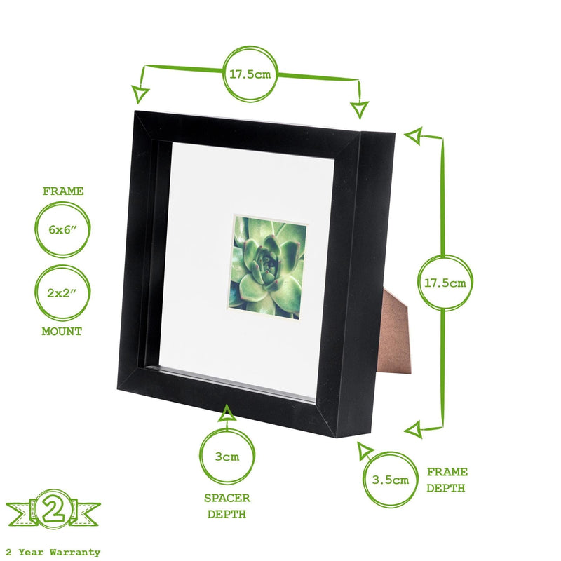6" x 6" Black 3D Box Photo Frame - with 2" x 2" Mount - By Nicola Spring