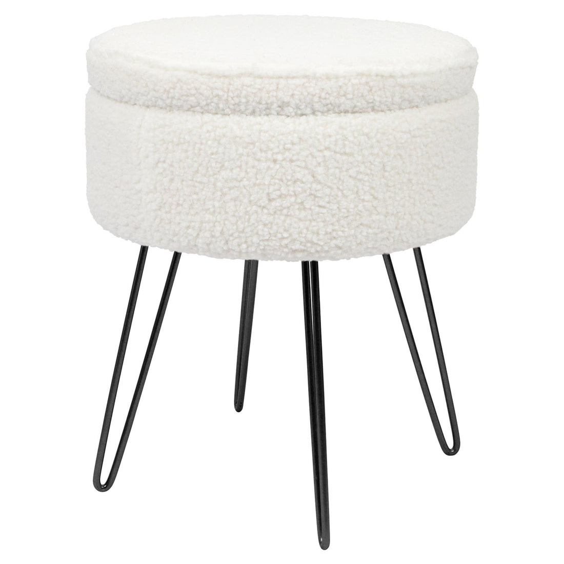 Cream Round Boucle Storage Footstool with Black Legs